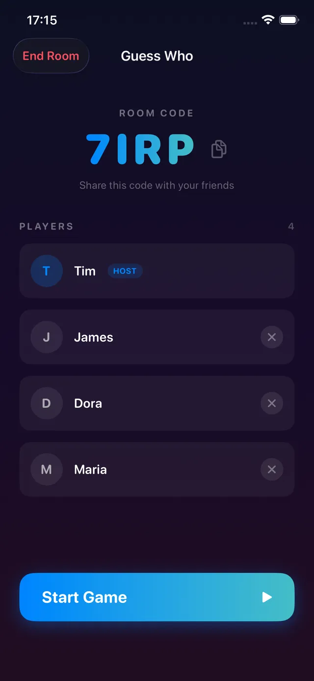 Game lobby showing room code ZCGZ and the player list