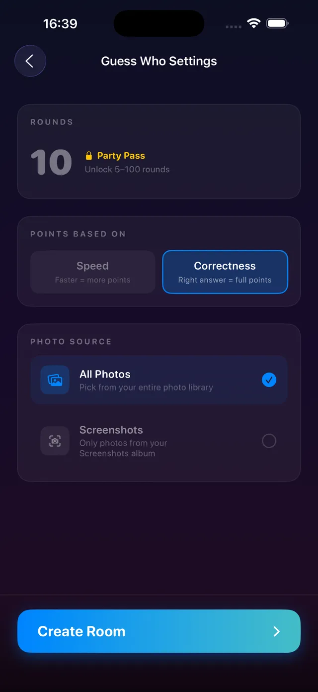 Guess Who settings with photo source options: all photos or screenshots only